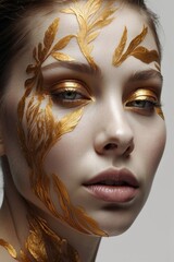 Close-up of a creative portrait of a young woman with golden patterns on her face, clean smooth skin, plump lips on a white background near the windowsill. Makeup, cosmetics, beauty concepts.