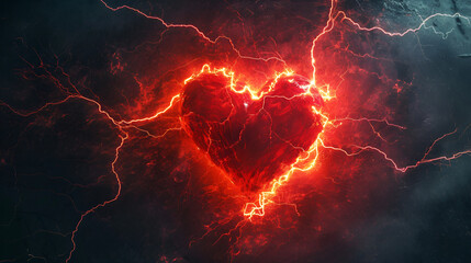 Background of a red heart with lightning bolt frame. Generative AI - obrazy, fototapety, plakaty
