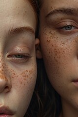 Close-up cropped portrait of two beautiful charming women with freckled faces cuddling up to each other.