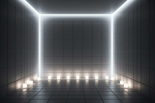 Perspective view of blank white niche with space for presentation, glowing lamps, abstract grey wall, and dark ceramic tiles floor. Rendering, mockup. Generative AI