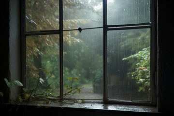 Rainy scene through a window. Generative AI