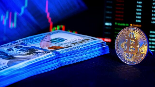 Time lapse of stack of dollar growing against background of cryptocurrency chart. Paper money, cash currency and bitcoins. 100 US dollar bills. Investment success in the crypto world.