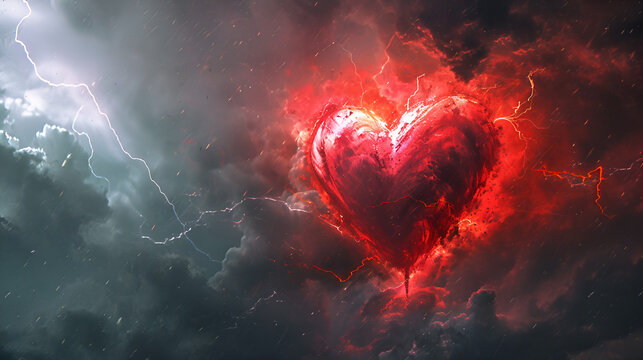 Naklejki Background of a red heart with lightning bolt frame. Generative AI