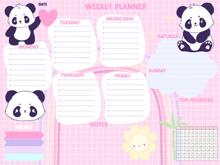 Cute inspiration panda character notepaper kawaii design printable .  White rainbow colors pages for tags , weekly notes,  to do list minimal style school timetable 