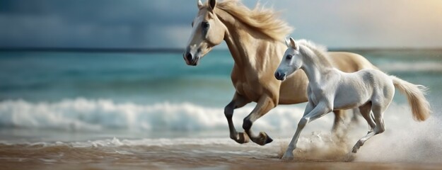 Horses running free on a sandy beach at sunrise. Mare and foal charge along sandy shore with blue ocean, their manes flowing in the wind, freedom and the power of nature's beauty.