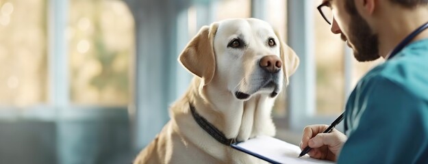 Labrador looks attentively at a veterinarian. Dog gazes at doctor, moment of trust and care captured in a clinic setting, reflecting the bond between animals and humans.