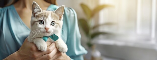 A person holding a young cat with striking blue eyes. Woman cradles a kitten with a bow as a holiday gift. A portrait of domestic bliss and companionship. International Cat Day background.