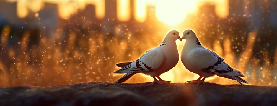 Two doves creating a heart shape with sunrise behind, a symbol of love and peace. Pigeons kiss at sunset against big city buildings. Valentines day or International Kissing Day background.