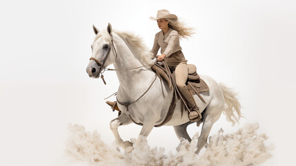 photograph cowgirl riding on the horse in white background