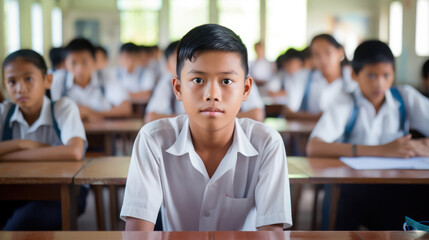 Diligent Student, Asian Boy in Class - A focused scene capturing a student engaged in learning.