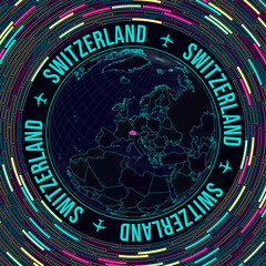 Switzerland on globe. Satelite view of the world centered to Switzerland. Bright neon style. Futuristic radial bricks background. Trendy vector illustration.