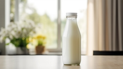 bottle of milk on the table in a bright kitchen, copy space
