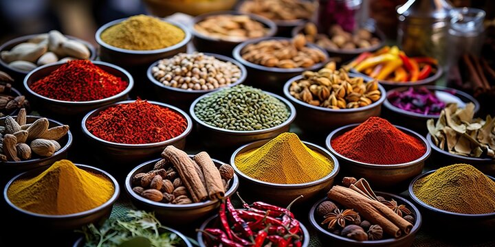 Eye-catching display of diverse, colorful spices arranged meticulously, representing culinary richness and variety , concept of Gastronomic abundance