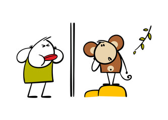 Silly child is teasing animals at the zoo. Vector drawing of cartoon boy showing his tongue, confused monkey looking sadly out of cage. Flat hand drawn illustration isolated on white background.