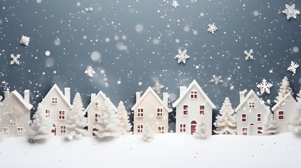 Fototapeta premium White miniature houses in row on bokeh blue blurry background, Christmas Holiday theme, snowing, bokeh lights landscape banner 