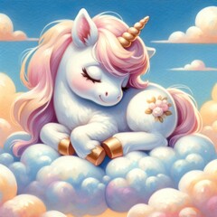 Fototapeta premium Adorable cartoon unicorn lying on clouds with a dreamy sky background.