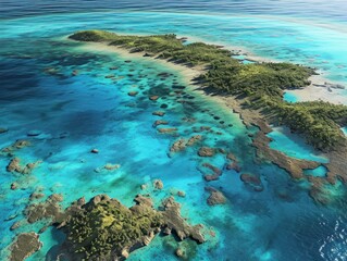 Fototapeta premium Idyllic tropical island surrounded by crystal-clear turquoise waters and lush greenery.