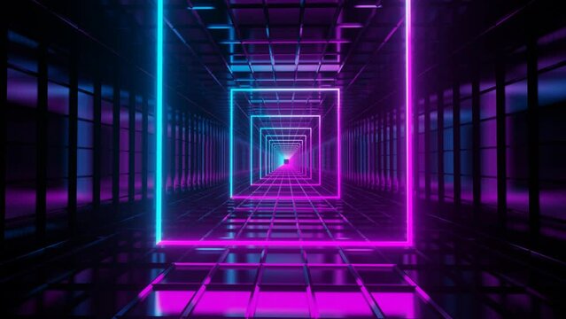 3D illustration design of a colorful infinite tunnel with glowing neon lights