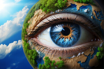 Planet Earth and the blue human eye, Earth globe in multi-colour human eye