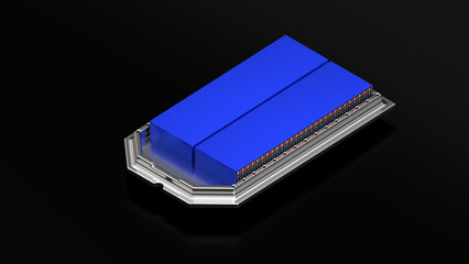 blue battery pack for Electric Vehicle, Electric car battery, High Capacity Battery for Automotive Industry on aluminum trolley Skateboard platform, cell modules, accumulators, 3D Render Graphic