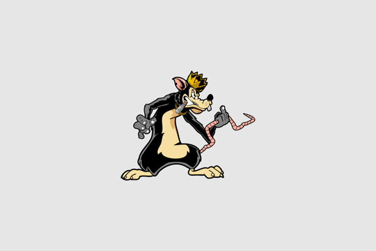 Ugly and Dirty king rat with crown Cartoon character vector logo template