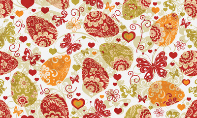 Vector easter seamless pattern with eggs, hearts and butterflies on white background.