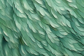 Beautiful green and teal blue feathers background. Closeup colorful fluffy feather. Minimal abstract pattern with copy space. Light pastel colors - obrazy, fototapety, plakaty
