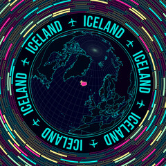 Iceland on globe. Satellite view of the world centered on Iceland. Bright neon style. Futuristic radial bricks background. Classy vector illustration.