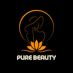 Women outline with goldenlotus flower, beauty salon logo Design