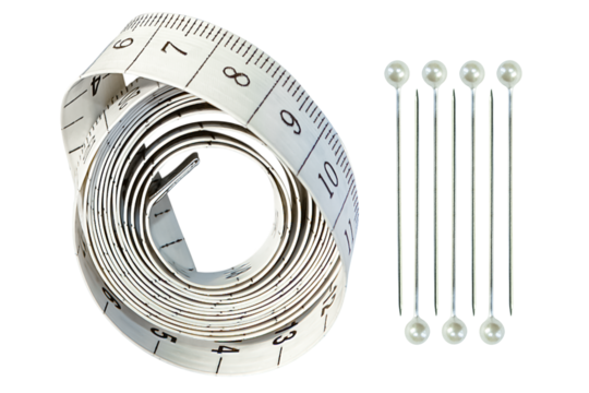 Measuring tape and needles with a decorative head in the shape of a ball, isolated on a transparent background.