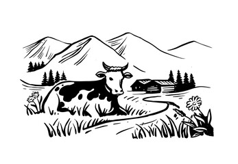 Cow with nature landscape vector hand drawn.