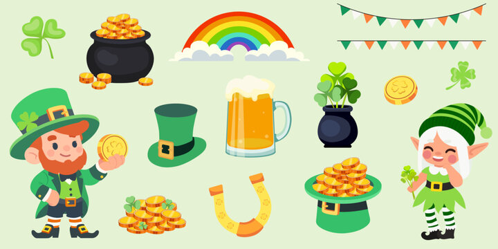Set of traditions for St. Patrick Day. A set of vector illustrations, stickers for posters, invitations, postcards. Elf, leprekon, coin, gold, pot, horseshoe, rainbow, beer mug, triliary, chervonet