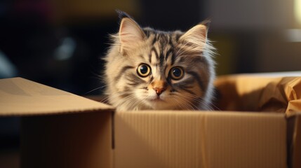 Cute cat in cardboard box on floor