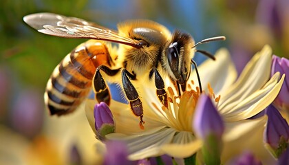 honeybee harvesting pollen from blooming flowers - obrazy, fototapety, plakaty