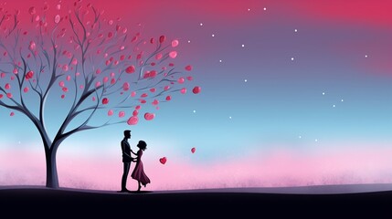 a couple holding hand under the tree with heart leave at night with the star in sky.
