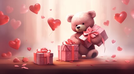 A bear with pink heart balloon and gift