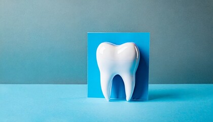 white tooth on blue background with copy space minimalistic design for advertising a dental clinic orthodontist s business cards - obrazy, fototapety, plakaty