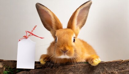 red fluffy rabbit looks at the sign on white background easter bunny red rabbit for advertising