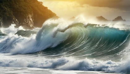 a big breaking ocean wave with white foam stormy heavy sea a strong storm with big waves in the ocean tropical sunset background for banner poster cover brochure or presentation - obrazy, fototapety, plakaty