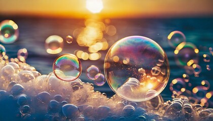 soap bubbles into the sunset with beautiful bokeh close up - obrazy, fototapety, plakaty