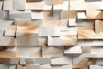 Textured natural stone 3D wall with tiled background and polished rectangular blocks. 3D rendered tile wallpaper. Generative AI