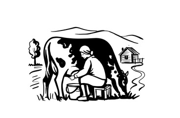 Cow and woman milking. Cattle concept sketch farmer