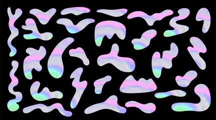 Vector bright holographic freeforms. Set of design elements. Curved, wavy abstract shapes on black background