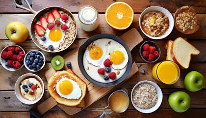 healthy breakfast table scene with fruit yogurts oatmeal smoothie nutritious toasts and egg skillet top view over a wood background