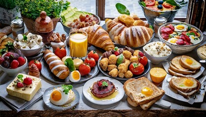 large selection of breakfast food on a table - obrazy, fototapety, plakaty