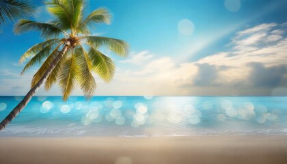 abstract seascape with palm tree tropical beach background blur bokeh light of calm sea and sky summer vacation background concept