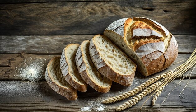 bread traditional sourdough bread cut into slices on a rustic wooden background close up top view copy space concept of traditional leavened bread baking methods