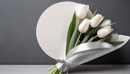 a bouquet of tulips wrapped in floral pale gray paper white round shape label for logo insertion florist shop branding