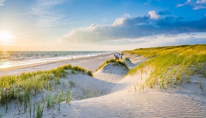 beautiful dunes beach at sunset north sea germany - obrazy, fototapety, plakaty