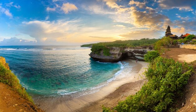 panoramic seaview with picturesque beach at sunset tegalwangi beach bali indonesia